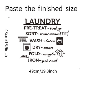 Detailed Laundry Room wall sticker with humorous icons measuring 49cm width and 43cm height