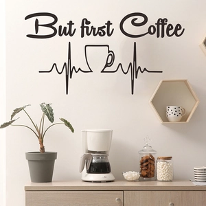 But First Coffee English Quote Wall Sticker PVC Removable Coffee Cup Heartbeat Line Art Decal For Kitchen Cafe Home Decor