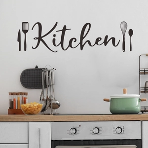Stickers muraux cuisine avec lettrage artistique et silhouettes d'ustensiles de cuisine