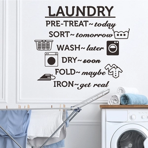 Laundry room wall decal with humorous slogans and icons for home laundry decor