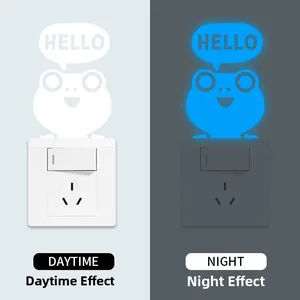 Luminous frog switch sticker with HELLO text showing daytime white and night blue glow