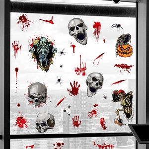 Halloween window stickers featuring skull, pumpkin, and bloody handprint decorations