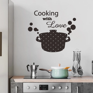 Schwarzer Cooking with Love Küchenwandaufkleber mit Topf-Silhouette für Deko