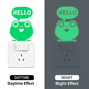 Glow in the dark cartoon frog light switch sticker showing day and night effect