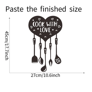 Detailed size specifications for Cook With Love wall sticker showing dimensions 45x27 cm