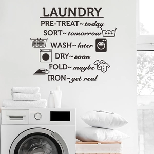 Laundry room wall sticker featuring laundry quotes and modern washing icons on white wall