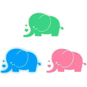 Three colorful luminous elephant wall stickers for home decor in green, blue, and pink