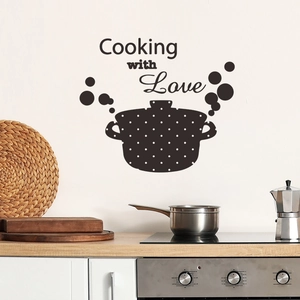 Cooking with Love Küchenwandtattoo mit schwarzer Kochtopf Silhouette auf weißer Wand