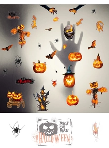 Details von Halloween-Fensteraufklebern mit Kürbis-Laternen und Fledermäusen auf grauem Grund