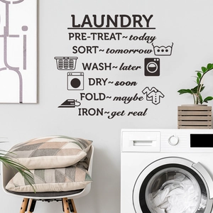 Detailed laundry room wall sticker with humorous English text and modern laundry icons