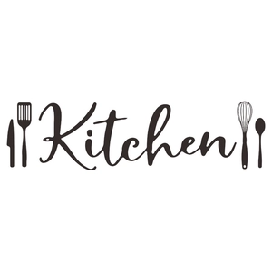 Sticker mural de cuisine moderne avec texte Kitchen et icônes d'ustensiles en noir