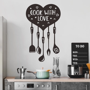 Cook with Love kitchen wall decal with heart and utensil designs for home decor