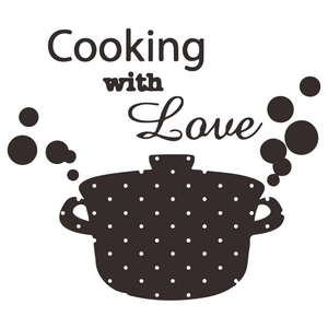 Cooking with Love Wandtattoo mit schwarzer gepunkteter Topf-Silhouette auf weißem Grund