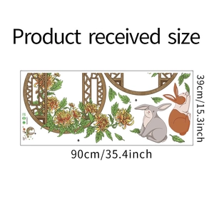 Plan détaillé des dimensions du sticker mural pastoral avec des lapins et des fleurs