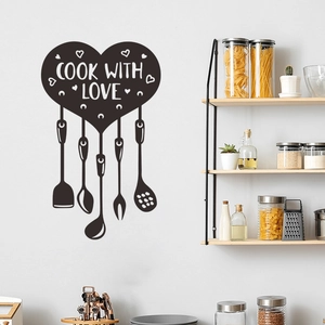 Black Cook with Love heart wall sticker featuring kitchen utensil silhouettes on white wall
