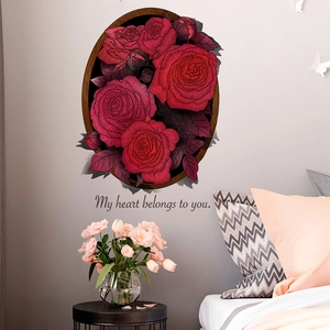 Bedroom wall decal showing 3D red roses in a wooden frame with romantic text