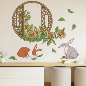 Sticker Mural Style Pastoral Chinois Fausse Fenêtre Chrysanthème Lapin PVC DIY Floral Animal Décalcomanie Amovible Décor Maison