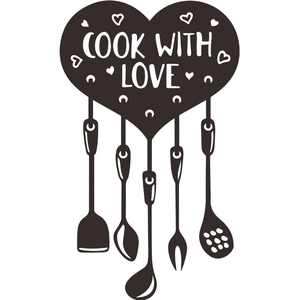 Kitchen wall decal featuring Cook With Love text and hanging cooking utensil silhouettes