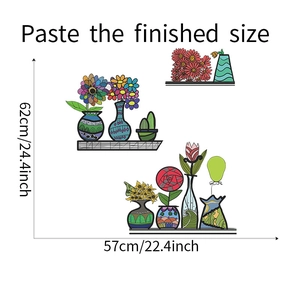 Detailed size guide for colorful flower pot wall decals with 57x62cm dimensions