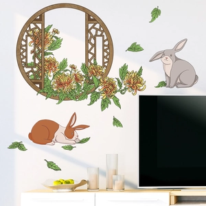 Détail d'un sticker mural effet fenêtre avec des chrysanthèmes et des petits lapins
