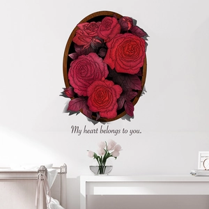 Artistic red rose wall decal with vintage wooden frame and romantic quote for bedroom decor