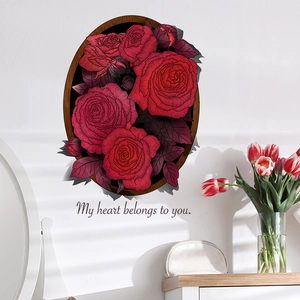 Artistic red rose bouquet wall sticker with floral pattern and elegant text for home decor