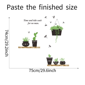 Detailed dimension layout showing 74x75cm size of green potted plant wall decals