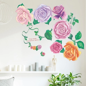 Stickers muraux autocollants de roses colorées peintes à la main pour décor de salon