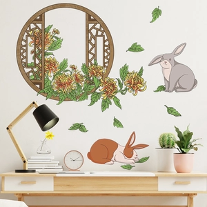 Sticker mural fenêtre trompe-l'œil avec chrysanthèmes jaunes et lapins réalistes