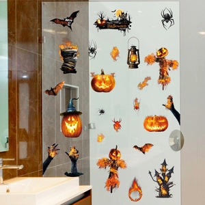 Halloween Fensterbilder Set mit Kürbissen, Fledermäusen und Spukhaus auf Glas