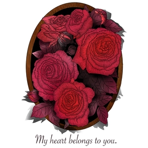 Romantic red rose bouquet wall sticker with My Heart Belongs To You quote in oval frame