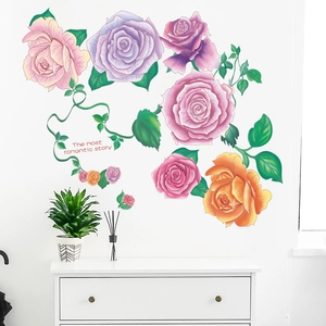 Stickers muraux roses à l'aquarelle peints à la main avec feuilles vertes et texte artistique