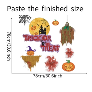 Detail view of Halloween wall stickers with castle, pumpkin lanterns and Trick or Treat sign