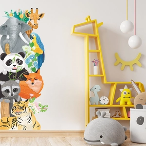 Cartoon Peeking Animals Wall Stickers Elephant Panda Fox Tiger Watercolor DIY PVC Decals For Kids Nursery Room Decor