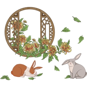 Stickers muraux de style pastoral avec cadre de fenêtre, chrysanthèmes dorés et lapins