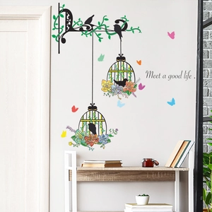 Minimalist iron birdcage wall sticker with green vines and Meet a good life text