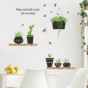 Nordic wall stickers set featuring green potted plants and dragonfly decals for home decor