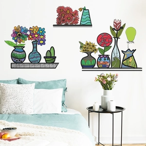 Colorful floral vase wall stickers with shelf design for modern home interior decor