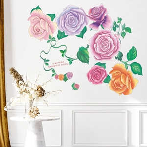 Stickers Muraux Fleurs de Rose Romantiques Peints à la Main Stickers Muraux PVC Floraux Colorés Pour Décoration de Maison