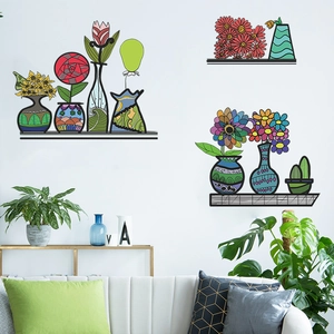 Vibrant floral vase wall stickers with shelf design for modern home interior decor
