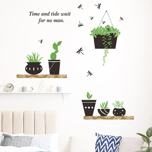 Creative green potted plant wall stickers with dragonfly and quote for home decoration