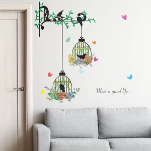 Modern Iron Birdcage Flowers Birds Wall Sticker PVC Waterproof Removable Home Decor Mural For Living Room Bedroom Deco
