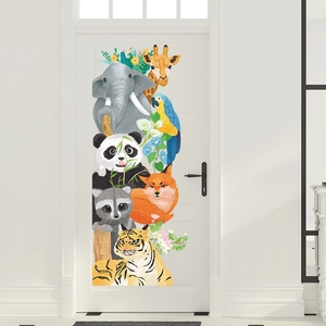 Close-up of cute cartoon animals wall stickers including elephant and panda on a white door