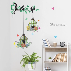 Floral birdcage wall decals with vines and butterflies for home wall decoration