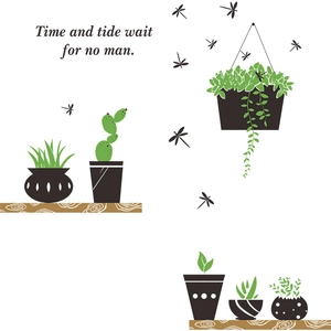 Green potted plants wall decal set with succulents, cacti and inspirational quote