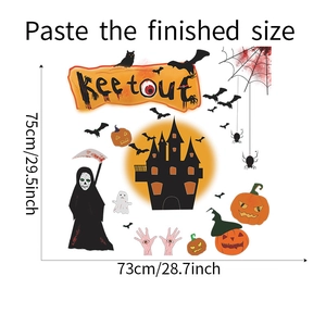 Detailed view of Halloween wall stickers showing 75x75cm dimensions with castle and bats