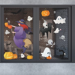 Halloween window decals featuring witch, pumpkin, and bat motifs on a glass surface