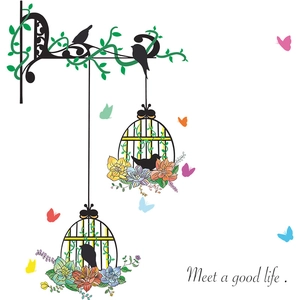 Pastoral birdcage wall sticker with colorful flowers and butterflies home wall decor