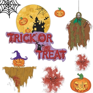 Halloween wall sticker set featuring moon castle pumpkin scarecrow and spider web motifs