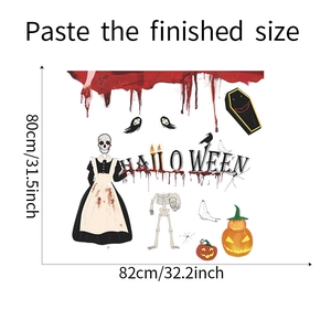 Halloween wall sticker size guide showing spooky skeleton pumpkin decals layout 82x80cm